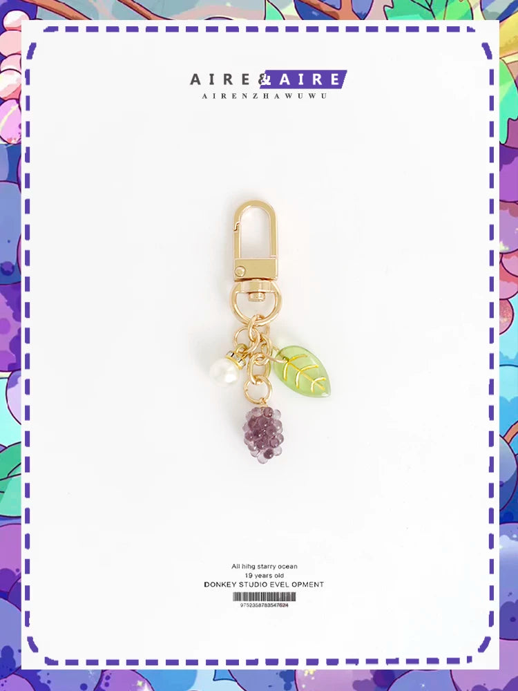 Cute Fruit Green Purple Grape Pearl Keychain Airpods Pendant Bag Zipper Buckle Pendant Gift Accessories